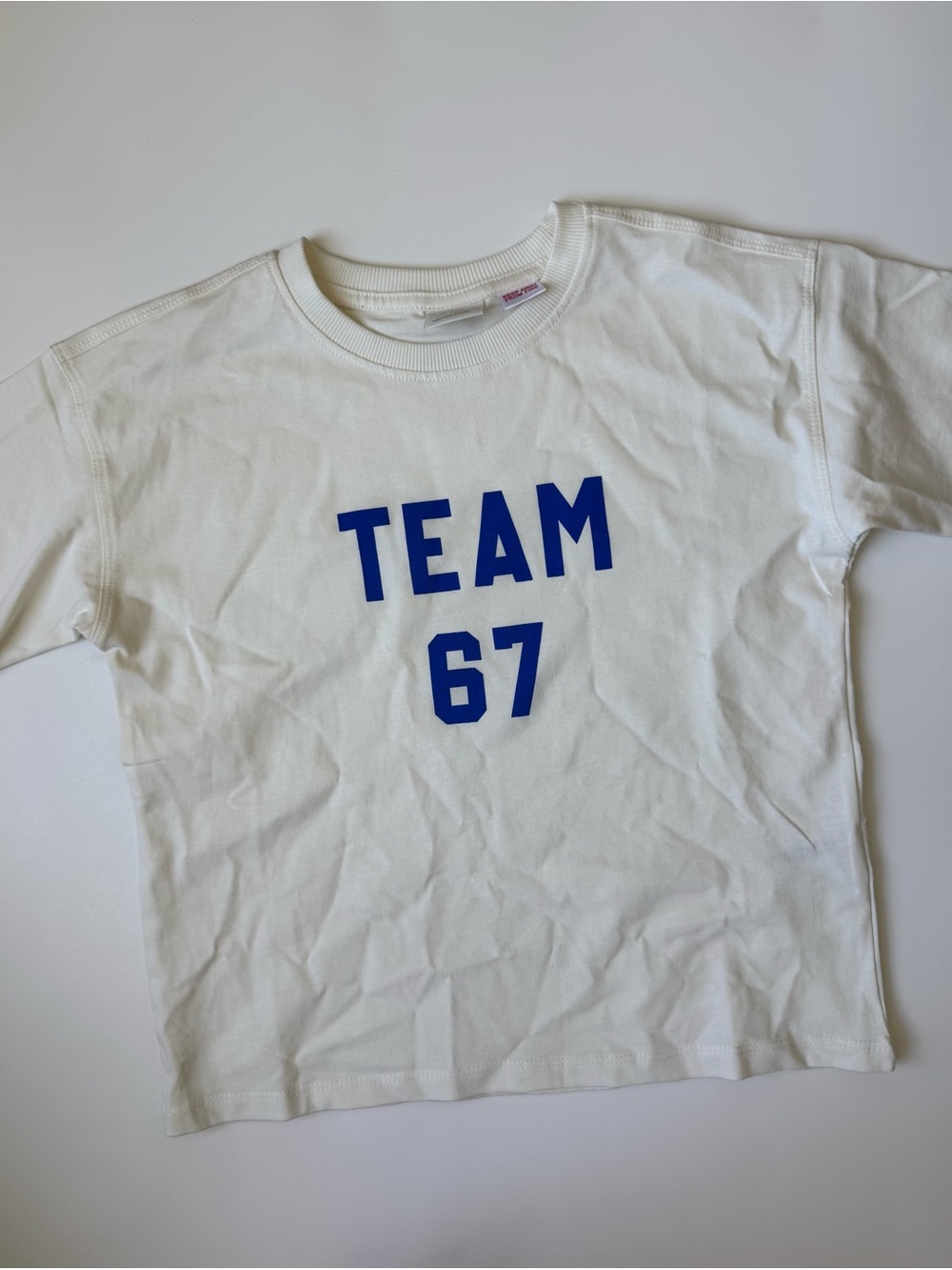 Zara White Tee with Blue "TEAM 67" Graphic